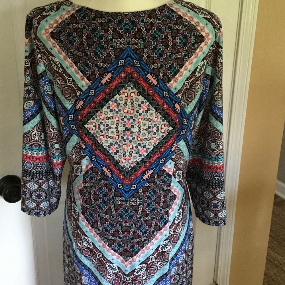 Office Chic Column Dress Size 14 Retro Abstract Print 3/4 Sleeve Dress Blue Pink - Picture 6 of 9